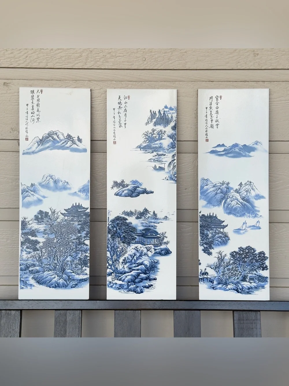Set of 3 Handcrafted Chinese Blue and White Porcelain Wall Panel Paintings